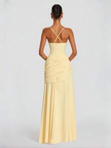 Elegant Sexy Asymmetric Ruched Summer Spaghetti Strap Maxi Bodycon Dress, Women's Nightclub Cocktail Party Dress, Yellow - Yellow - View 7