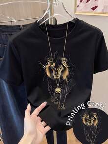 Impala Women's Short-Sleeved Printed T-Shirt, Spring Clothing, Holiday Outfit, White For Summer, Beach Look, Vacation Style, Country Style, Women's Office Outfit. - 黑色 - 查看 6