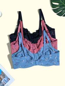 3pcs/Set Fresh Print Seamless Underwire Side-Support Adjustable Shoulder Strap Comfortable Everyday Plus Size Bra For Women - Multicolor - View 3