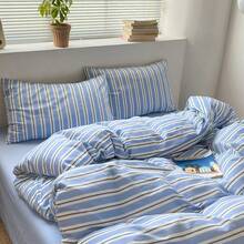 3pc Japanese Minimalist Blue Striped Print Set 2 Pillowcases + 1 Duvet Cover Set Combination - Seeking Love Stripes - Blue - View 3