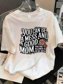 Top de mujer de manga corta y cuello redondo con estampado "Eres una buena mamá", apto para todas las estaciones. - Blanco - Ver 1