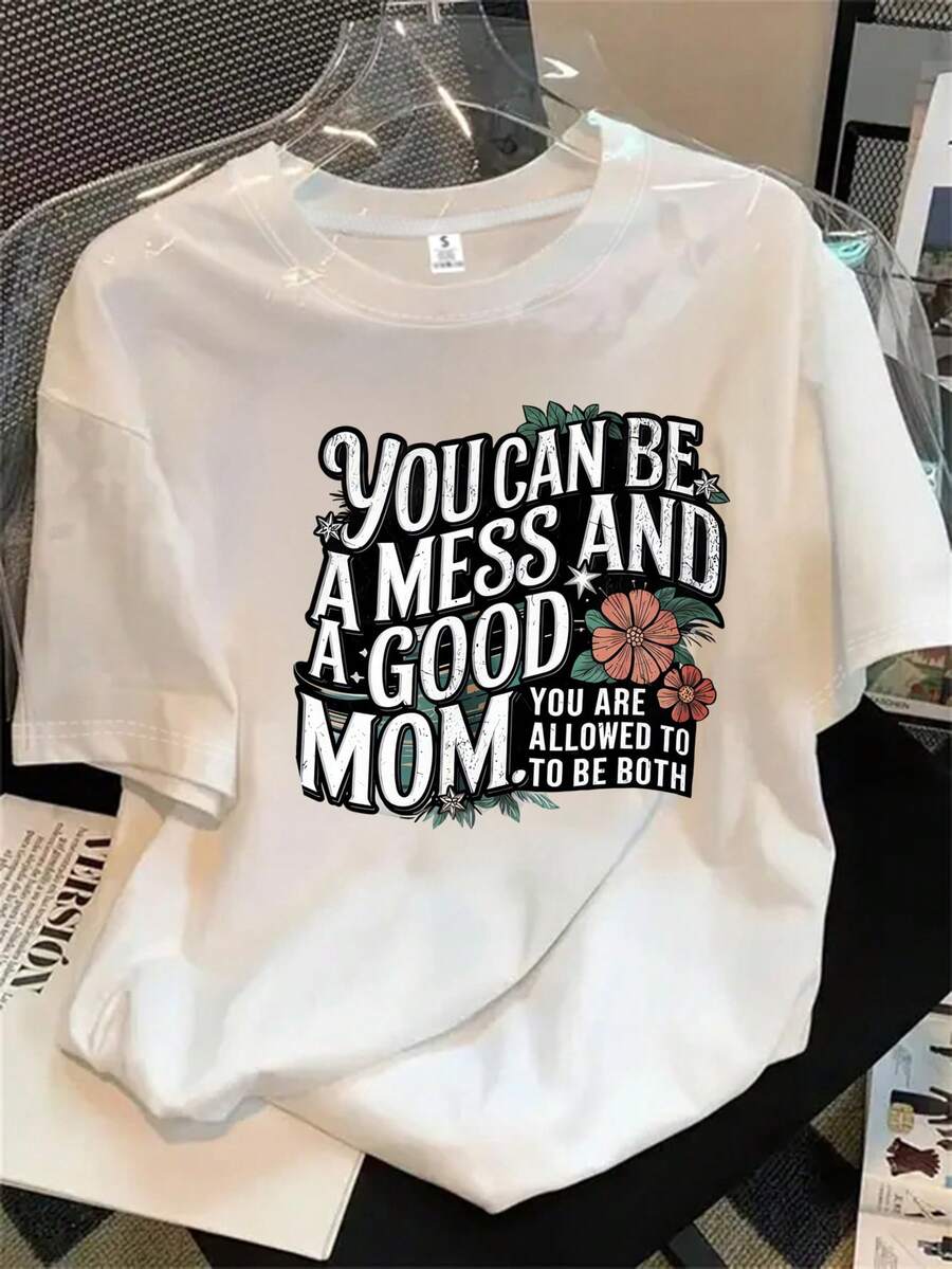 Top de mujer de manga corta y cuello redondo con estampado "Eres una buena mamá", apto para todas las estaciones. - Blanco - Ver 1