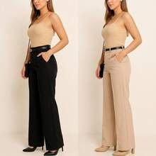 Kit 2 Women's Wide Leg Pants With Belt - 黑色/米色 - 查看 5