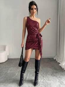 Women's Dark Red Sequin One Shoulder Dress, Ruched Bodycon Cocktail Dress Wedding Party - Red - View 3