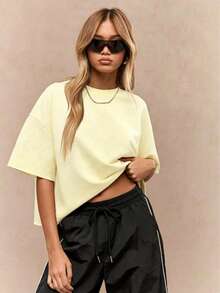 Oversized Heavy T-Shirt Modern Streetwear Essential Boxy Cut Casual Summer Basic Loopback Top Ultra Soft Minimalist Urban Fashion Staple-Unisex Summer Casual Vintage Cotton Printed T-Shirts For Couples - 黃色 - 查看 1