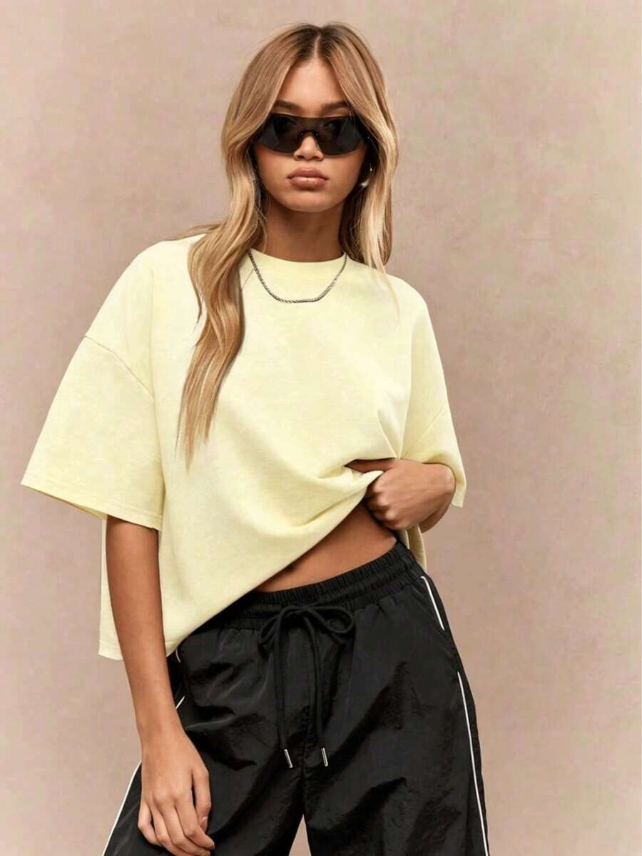 Oversized Heavy T-Shirt Modern Streetwear Essential Boxy Cut Casual Summer Basic Loopback Top Ultra Soft Minimalist Urban Fashion Staple-Unisex Summer Casual Vintage Cotton Printed T-Shirts For Couples - 黃色 - 查看 1
