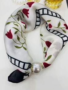 1pc Spring/Summer Minimalist Ditsy Floral Thin Pearl Magnetic Buckle Triangle Scarf Women's Slouchy Necklace Scarf Multifunctional Small Silk Scarf - Multicolor - View 5