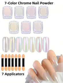 7 Colors/Set White Pearl Nail Powder Set (1g/Pc), Mirror Effect, DIY Nail Art Decorations, With Applicator - Multicolor - View 8