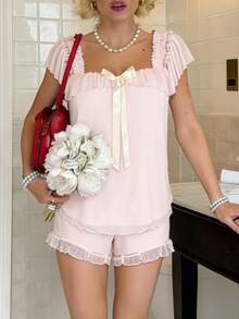 Women's Coquette Ruffle Trim Pajama Set Square Neck Short Sleeve Top And Shorts Loungewear With Bow Detail And Sheer Mesh For Summer Sleepwear Bridal Prep And Casual Homewear - 粉色 - 查看 3