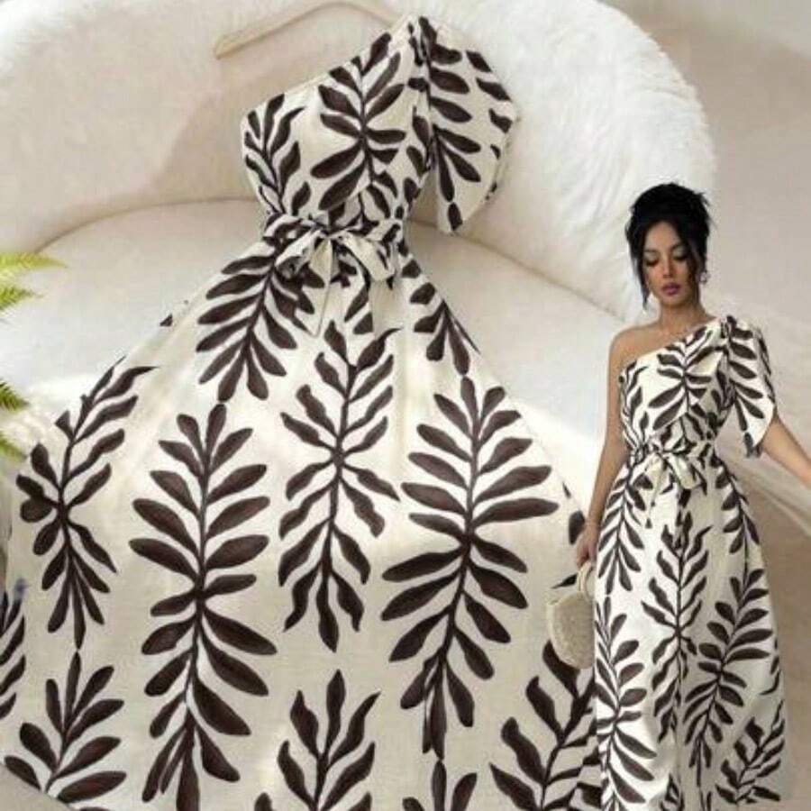 Vestido ajustado con mangas abullonadas, cintura con lazo y estampado floral elegante para mujer, azul y blanco, primavera/verano - Café integral - Ver 1