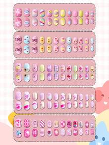 NAIO 120-Piece Pack (5 Styles) Of Children's Press-Type False Nails, Acrylic Material, Full Coverage, Cute Cartoon Rainbow Heart Glossy Press-Type False Nail Set, Short Oval False Nail Set, Comes With 3 Pieces Of Tape And 3 Nail Files. - Multicolor - View 7