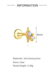 1Pc 16G 925 Sterling Silver White Opal Stud Earring, 18K Gold Plated Fire Opal Bead Internally Threaded For Women Girls Daily Wear, Sold Individually - Gold - View 17