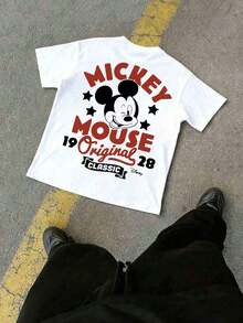 Officially Licensed By Disney With Mickey Mouse Original 1928 Classic Vintage Printed Graphics. 100% Cotton Loose Casual Tee, Soft, Breathable And Comfortable Fabric. Unisex Crew Neck Short Sleeve T-Shirt. - White - View 1