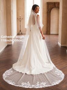 1 Pc 2 Tier Wedding Veil Lace Applique Cathedral/Chapel Bridal Veil Blusher Veils With Comb For Bride White Ivory - Multicolor - View 4