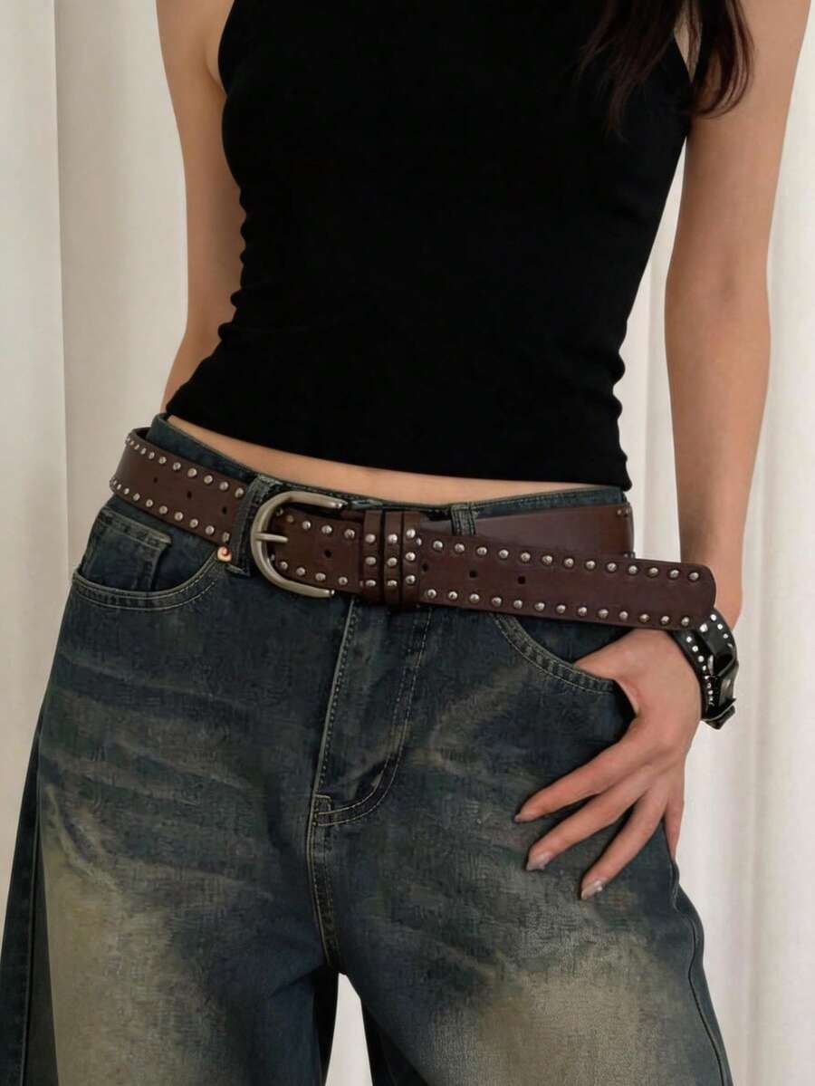 Thắt lưng nữ khóa kim loại đinh tán hai hàng, màu trơn phong cách punk da PU đính đinh trang trí, phụ kiện phù hợp đi học, dùng cho mọi mùa, quà tặng cho nữ - A - Xem 1