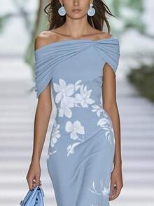 Vestido estampado hombro caído manga corta  popular - Azul - Ver 2