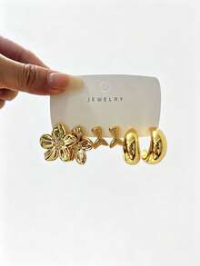 4/16PCS Fashionable Elegant Small C-Hoop Geometric Multi- Gold Metallic Earring Set, Women's Fashion Earring Set, Daily Wear, (Lightweight CCB Material, Non-Fading/No Ear-Pulling Sensation) - Gold - View 5