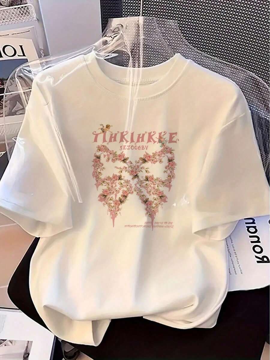 Vintage 2026 Damen Rosa Schmetterling Blumen Print T-Shirt, 100% Baumwolle Kurzarm Rundhals Top - 白色 - 查看 1