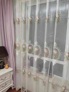 1PC Rod Pocket Style Fresh Rose Embroidered Semi-Sheer White Sheer Curtain For Bay Window And Floor-To-Ceiling Window - Multicolor - View 6