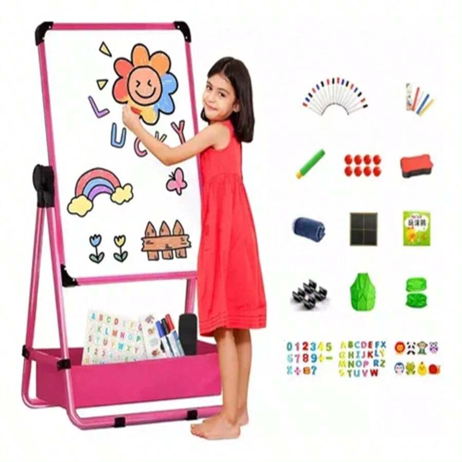 Magnetic Easel Board For Kids, Height Adjustable, Pink - A - View 1