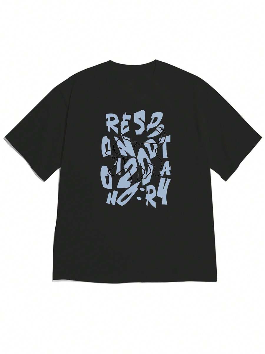 100% Cotton. Casual Short-Sleeved Printed T-Shirt. 1pac2026 New Spring/Summer Short-Sleeved Drop-Shoulder T-Shirt, Featuring A Fresh And Simple Style With A Black Line Illustration Of A Cat (Including A Detail Showing An Object Held In The Hand) And A Light Blue English Text Background. A Fresh And Simple Short-Sleeved T-Shirt, Comfortable And Skin-Friendly, Suitable For Everyday Wear For Those Who Love Cool And Simple Style. Spring/Summer Top. - 黑色 - 查看 1