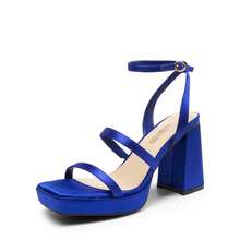 Women High Platform Chunky Heeled Sandals Fashionable Ankle Strap Square Toe Heeled Sandals Party Sandals Y2K Dress Shoes - 寶藍色 - 查看 4