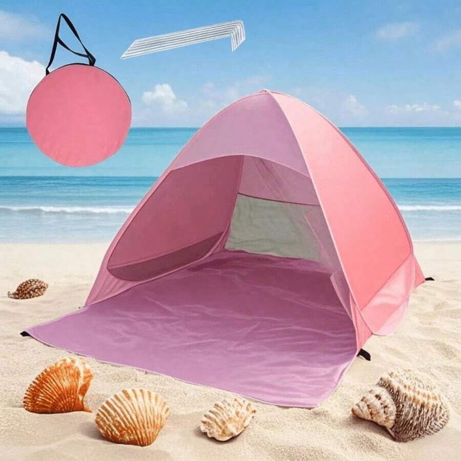 1pc Foldable Beach Camping Tent - Spacious Outdoor Sunshade Tent With Storage Bag, Suitable For Family And Friends, Blue Triangular Design, Polyester Material, Perfect For Beach, Camping, Hiking, Camping Essential - A - View 1