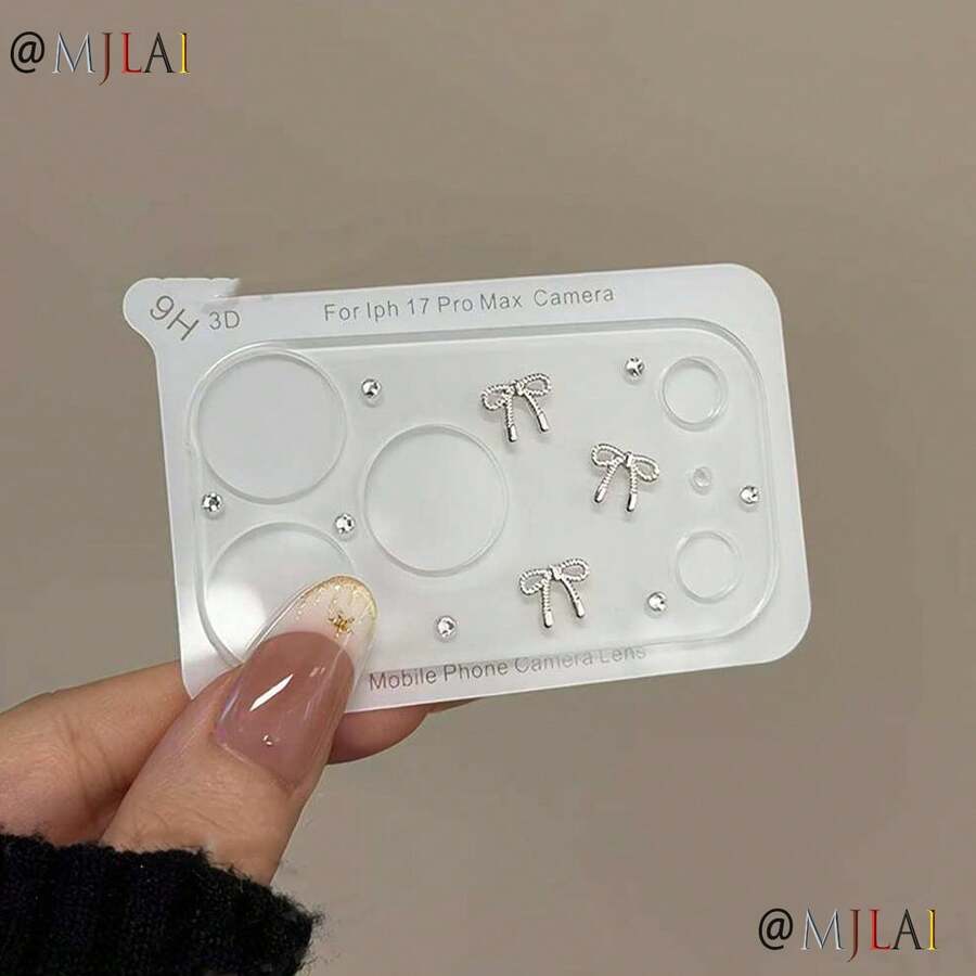 Protector de lente de cámara transparente con lazo 3D y strass lindo, compatible con Apple 17 ProMax/17Pro, pegatina protectora de lente de acrílico, elegante y brillante - transparente - Ver 1