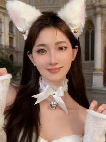 1件女款性感白色貓耳鈴鐺髮箍，可愛兔耳洗臉用髮飾，萬聖節與聖誕節Cosplay髮箍，軟妹風可愛拍照頭飾 - 1PC白色 - 查看 4