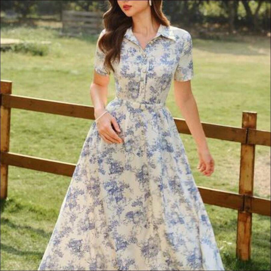 Women Midi Dresses - Blue and White - View 1