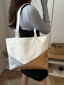 Classic Color Block Shoulder Bag, Minimalist Versatile Large Capacity Tote Bag, Commuter Canvas Handbag, Fashionable - White - View 10