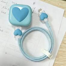 Blue Heart-Shaped Data Cable Protector Sleeve Compatible With UK 40W Charger, Anti-Breakage And Anti-Scratch Protective Cover - Mint Blue - View 4