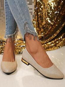 Zapatos elegantes de mujer con punta fina y tacón bajo, nuevo estilo de primavera, empeine bajo, zapatos de mamá, tallas grandes, zapatos para exteriores, zapatos de bailarina con punta fina - Dorado - Ver 1