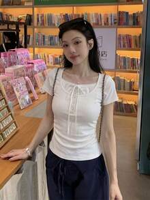 蝴蝶結 2 合 1 短袖上衣 韓系修身收腰 極簡甜美性感風 女款夏季休閒 T-shirt - 杏色 - 查看 6