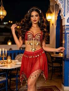 Bohemian Coin Halter Top & Sequin Mesh Skirt, Handcrafted Festival Wear For Fusion, Exotic Events, Moroccan-Themed Parties And Renaissance Faires (Multiple Colors Available) - Multicolor - View 4