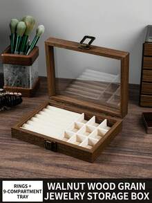 Vintage Walnut Wood Jewelry Box, Drawer Style Jewelry Organizer Box For Rings, Earrings, Necklaces, Bracelets, Elegant Transparent Plastic & Velvet Drawers Jewelry Storage Box - Multicolor - View 11