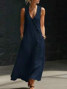 2026 New French Style V-Neck Buttoned Cotton-Linen Sleeveless Tank Dress - 白色 - 查看 8