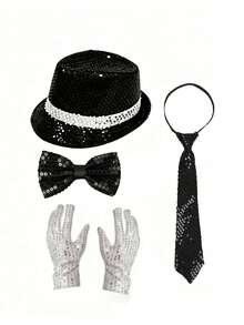 2/3/4/5/7 Piece Classic Stage Costume Set: Bowler Hat + Fashion Glasses + Gloves + Fake Microphone + Tie, 5-Piece Set, Halloween Party Performance Props, Imitation Show Props, Sequin Hat, White Gloves, Fashion Glasses, Suitable For Retro Style, 80s Disco, Music Themed Company Party, School Gala, Also Can Be Used As Unified Props For Team Performances - Multicolor - View 6