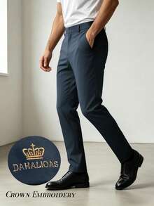Men's Classic Design Trousers, Solid Color Business Casual Pants With Slight Stretch, Elegant Luxury Style For Spring And Summer - Dark Grey - View 2