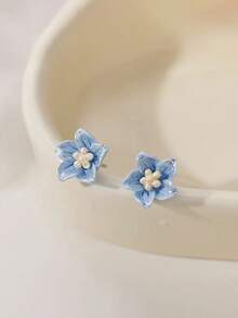 1 Pair Blue Camellia Stud Earrings For Women, Silver Needle, New Niche High-End Sweet Elegant Versatile Ear Jewelry - Blue - View 2