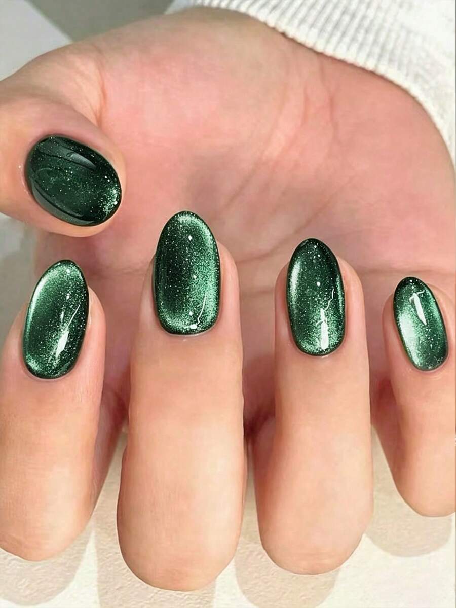 24pcs Y2K Short Oval Emerald Cat Eye Press-On Nails, Acrylic Fake Nail Set, Includes 1pc Jelly Glue And 1pc Nail File, Suitable For DIY Use. - Green - View 1
