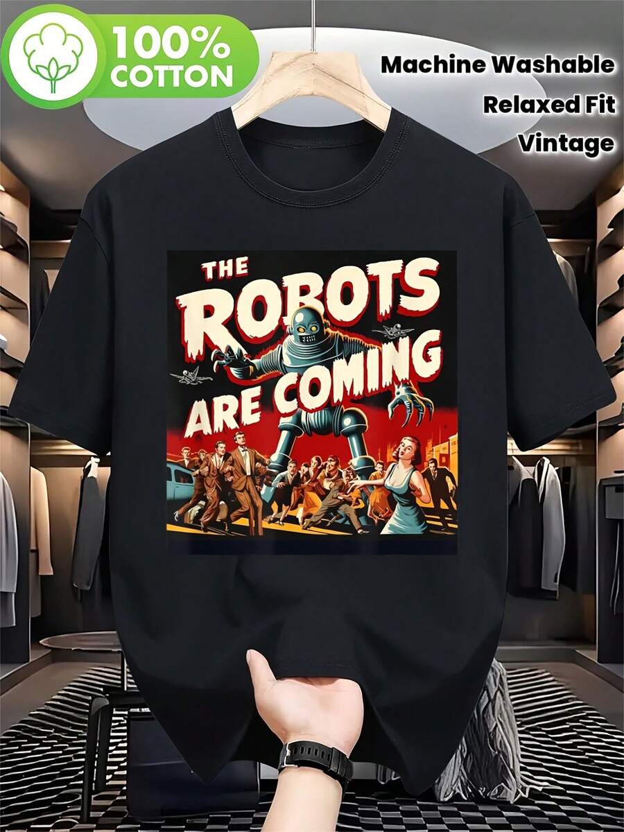 The Robot Is Here Vintage19501980s Horror Robot And Crowd Panic Print T Shirt - Heavy-Duty Fabric,100%Loose Design,Retro Sci-Fi T Shirt,Suitable For Machine Washing,Size S-XXL,Suitable For Casual Wear. - Black - View 1