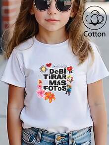 Un Top en coton personnalisé, t-shirt à manches courtes col rond printemps/été, imprimé de dessin animé, convient pour les loisirs quotidiens des filles, les vacances, la plage, les enfants - Blanc - Voir 2