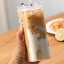 1個 400ml 方形耐熱玻璃杯附蓋與吸管，透明，適用於奶茶、果汁、居家酒吧飲具，返校用品 - 彩色 - 查看 9