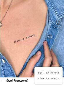 1片草本簡約英文短句「Slow Is Smooth」文字圖案紋身貼紙，臨時紋身貼紙，逼真紋身設計，適合旅行、音樂節、遊戲、畢業禮物，可維持7-14天 - 黑色 - 查看 1