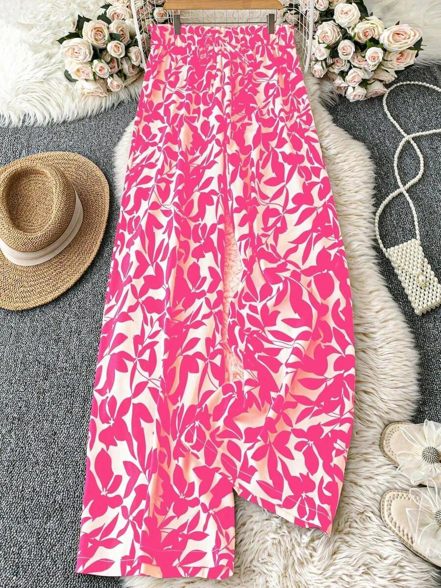Retro Plus Size Women'S Valentine'S Day Allover Print Woven Wide Leg Pants, Regular Fit Casual Trousers, Summer, Rave, Spring Break, Boho Fall Cloth For Women Capri For Women Beach Outfit For Woman Y2K Clothing Women - 玫紅色 - 查看 1