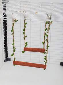 1pc Faux Solid Wood Parrot Swing Toy, Durable With Artificial Green Leaves And Hemp Rope Hanging Perch, Cage Accessory For Cockatiel / Budgie / Lovebird And Other Small To Medium Parrots - View 5