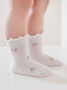 3 Pairs Children's Ruffle Flower Trim Calf Socks, Mesh Breathable Ribbed Baby Socks, Elegant Little Princess Socks - Multicolor - View 8