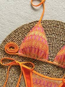Plus Size Women's Unique Textured Fabric Bikini Swimwear 2-Piece Set, Cute Spaghetti Strap Open Back Design Vacation Beach Summer - Orange - View 4