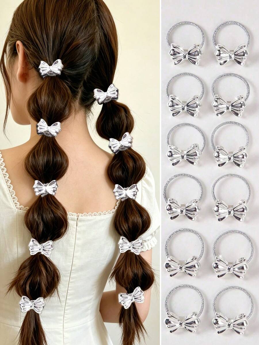 Bộ 10 chiếc dây buộc tóc nơ nhỏ, màu bạc sáng bóng, thiết kế đơn giản, phù hợp cho bé gái và phụ nữ có tóc mỏng, kiểu dáng công chúa dễ thương, đa năng dùng hàng ngày. - Nhiều màu - Xem 1